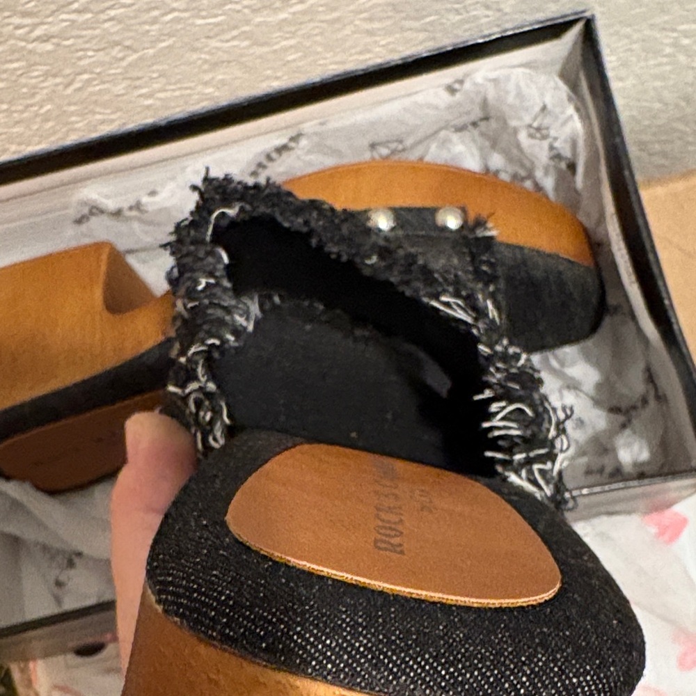 Rock & Candy Black Denim Mules with Wooden Heel - Picture 5 of 14